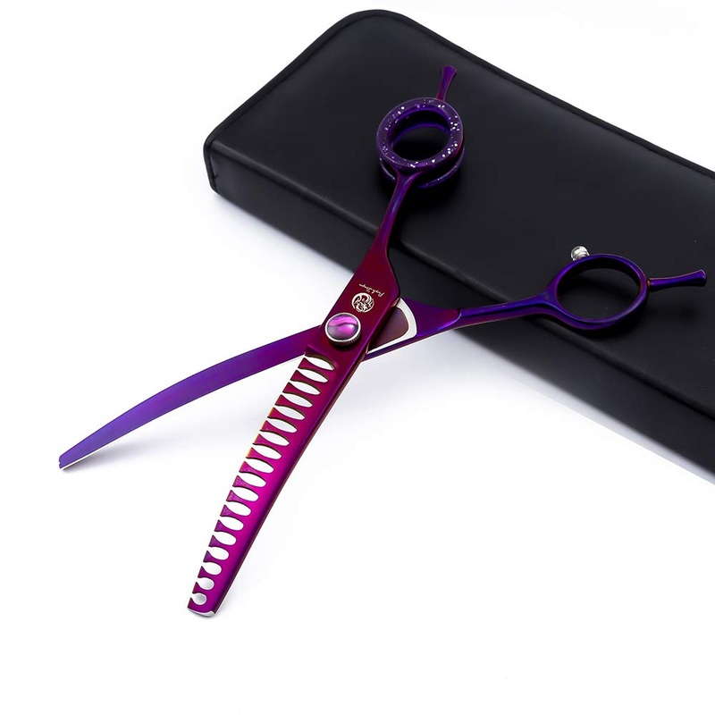 Purple Dragon 7.0″ Purple Downward Curved Pet Grooming Curved Scissors/Chunker Shear with Adjustment Screw- Perfect for Professional Pet Groomer