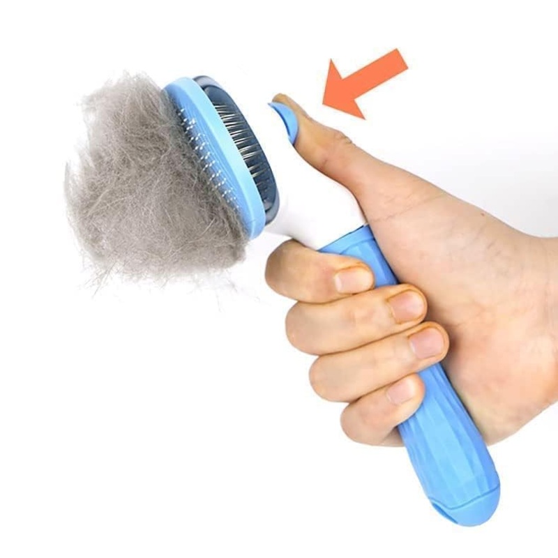 Self-Cleaning Slicker Brush for Pet Grooming, Smooth Handle with Cleaning Button for Cat and Dog Shedding, Massage and Detangling, Blue