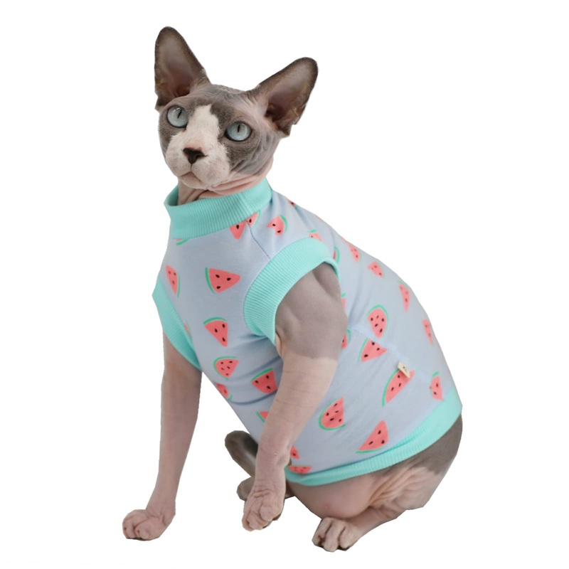 Sphynx Hairless Cat Summer Cotton T-Shirts Cat Vest Pet Clothes,Round Collar Vest Kitten Shirts Sleeveless, Cats & Small Dogs Apparel (Medium, Mint Watermelon) Medium