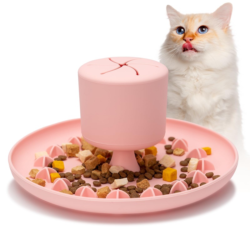 2 in 1 Slow Feeder Cat Bowl with Silicone Suction Cup Silicone Interactive Feeder Cat Food Dispenser and Lick Bowl Combination Anti-Vomiting,Anti-Whisker Fatigue Cat Bowl for All Breeds of Cats A2-Pink