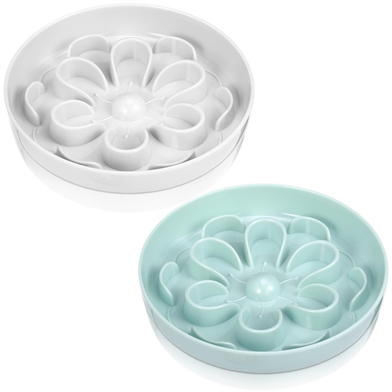 2 Pcs Cat Slow Feeder Bowl Cute Cat Food Bowl with Bloom Design Healthy Eating Diet Cat Food Bowl Interactive Cat Feeder Wet Pet Bowls Dish for Cats and Small Dogs (White, Green) White, Green
