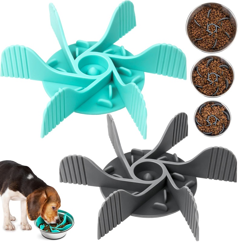 2 Pcs Dog Bowl Slow Feeder Insert, Cuttable Slow Feeder Dog Bowl Insert with Strong Suction Cups, Cat Dog Feeding Supplies, Slow Feeder for Most Dogs Bowl or Dogs Dish 2 PCS Gray + Blue