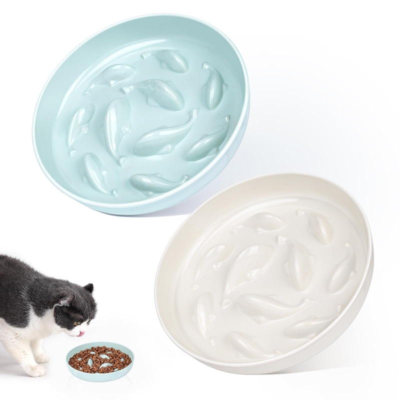 2PCS Cat Slow Feeder Bowl, Cat Food Bowl with Fish Pool Design, Healthy Eating Diet Pet Bowl, Interactive Puzzle Feeder Dish for Cats, Non-Slip Anti Gulping Cat Bowl for Dry and Wet Food White+Green