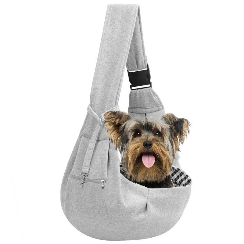 Adjustable Dog Carrier Sling – Hand-Free Dog Carriers for Small Dogs and Cats, Puppy Sling Carrier with Zipper Purse Pocket, Travel Safety Harness, Puppy Essentials (Gray) Gray