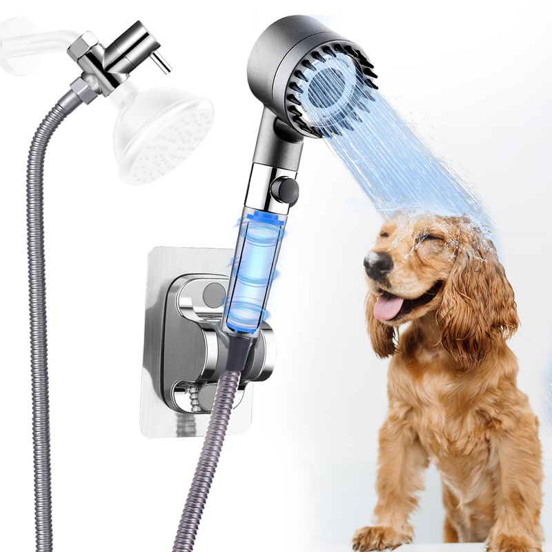 AIERSA Dog Shower Head Attachment for Dog Bath, High Pressure Filtered Dog Showerhead for Hard Water, Dog Wash Sprayer Kit with Massage Brush, 79In Washing Hose, 3-way Diverter Pet Bathing Supplies