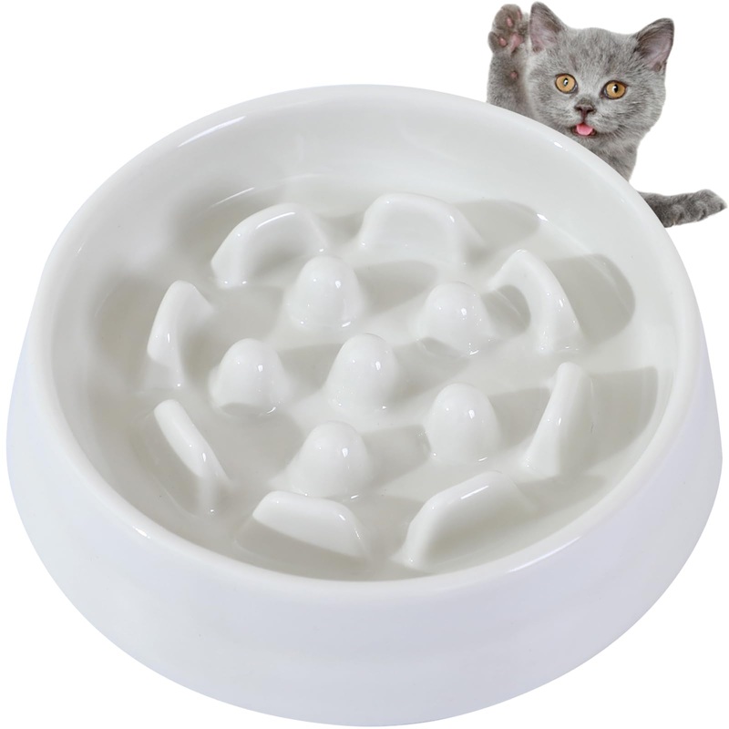 Ceramic Cat Slow Feeder Food Bowl, Higher Edges Non-Spill Design Fun Cat Puzzle Feeder Bowl, Anti Vomiting Anti Gulping Healthy Eating Diet Pet Bowls for Kittens Small Pets Wet Food White