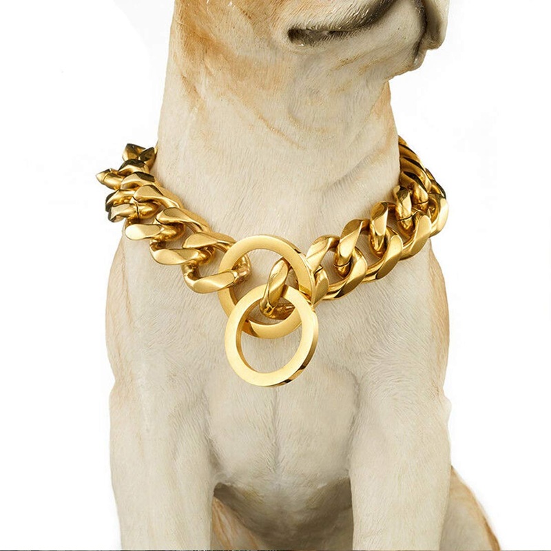 Chain Dog Collar 18K Gold Cuban Link Dog Chain Chain Collar Metal Stainless Steel Heavy Duty Dog Collars for Small, Medium, and Large Dogs(15MM, 22″) 22″Can Over Head of 18″ to 21″)