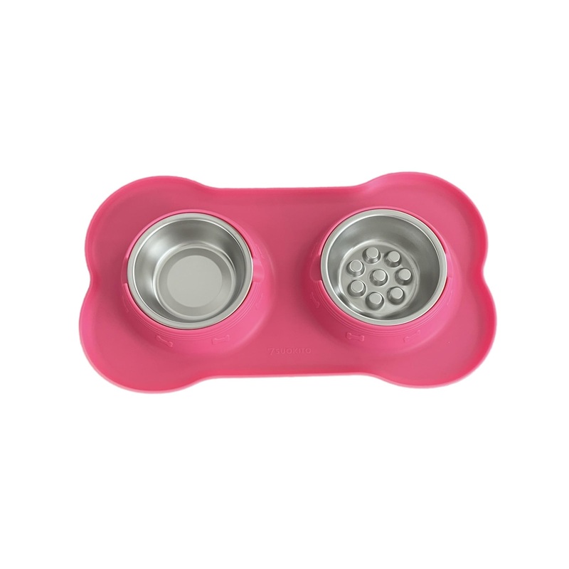 Double Pet Dog Bowl with Silicone Mat and Slow Feeder Color Pink Non- Spill for Small Dog Cat