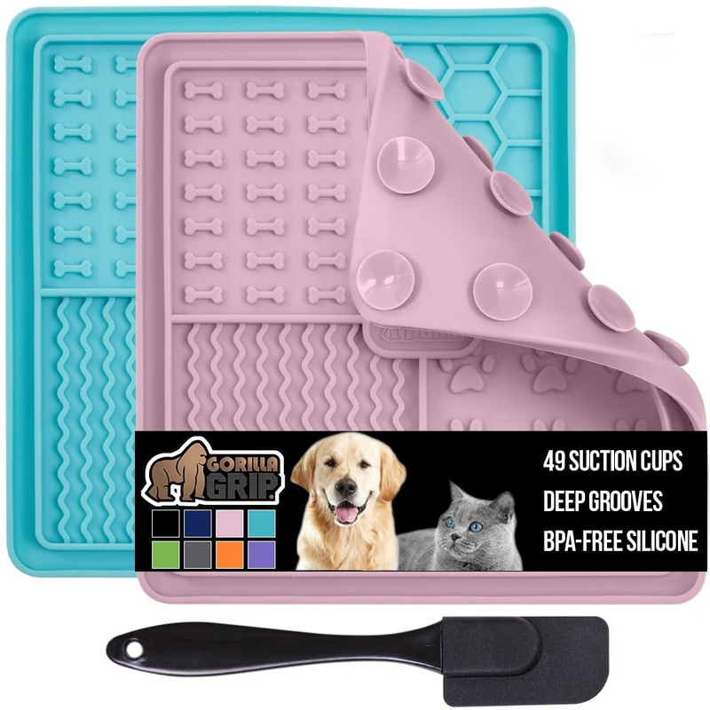 Gorilla Grip Lick Mat for Dogs, Deep Grooves for Dog and Cat Enrichment Toy, Strong Suction Grip, Freezer Safe, BPA Free Silicone Licking Pad for Bath, Grooming, Nail Trimming, Turquoise Pink 2 Pack . Turquoise/Pink