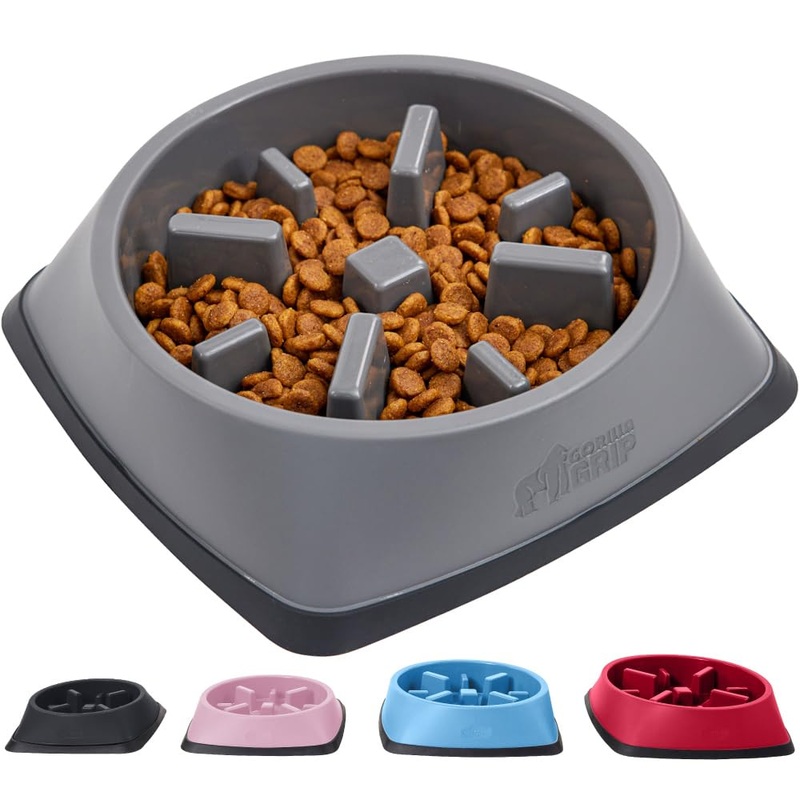 Gorilla Grip Slow Feeder Dog and Cat Bowls, Interactive Puzzle Toy for Dogs and Cats Food Training, Keeps Pets Busy and Prevents Puppy Overeating, Large, Small Breeds, 100% BPA Free, 2 Cup Gray