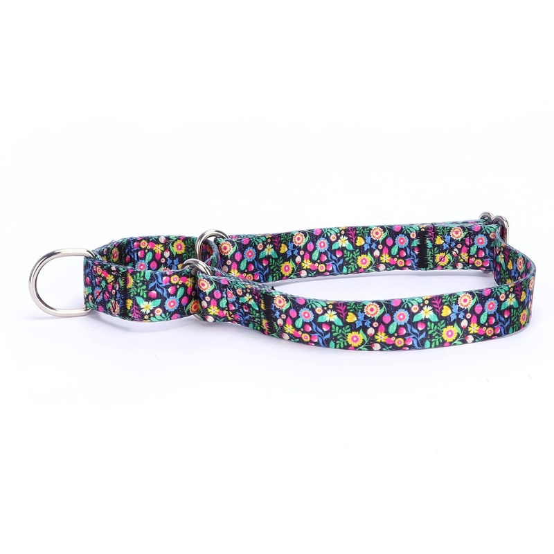 Heavy Duty Nylon Dog Collar, Adjustable Martingale Dog Collar for Walking Training Boy and Girl Dogs Medium Large Dogs (L:45-53CM, Strawberry Flowers) L:45-53CM