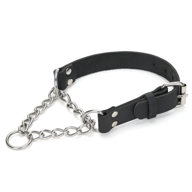 Leather Martingale Dog Collar No Pull Design Limited Stainless Steel Chain Cinch Training Dog Collar Adjustable Training No Slip Dog Collar for Large Dogs(Black Neck 15″-19.7″) Black Large( Neck 15″-19.7″, Width 1″)