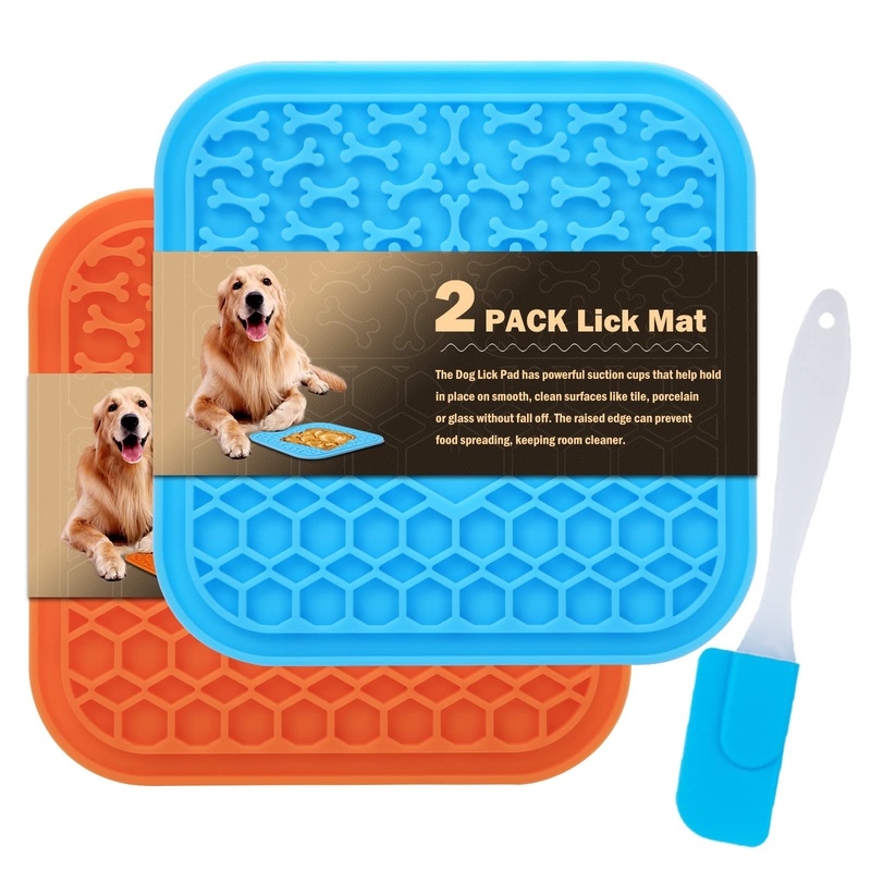 Lick Mat for Dogs Slow Feeder Licking Mat Anxiety Relief Lick Pad with Suction Cups for Peanut Butter Food Treats Yogurt, Pets Bathing Grooming Training Calming Mat – 2 Pack Small 2PCS Blue+Orange