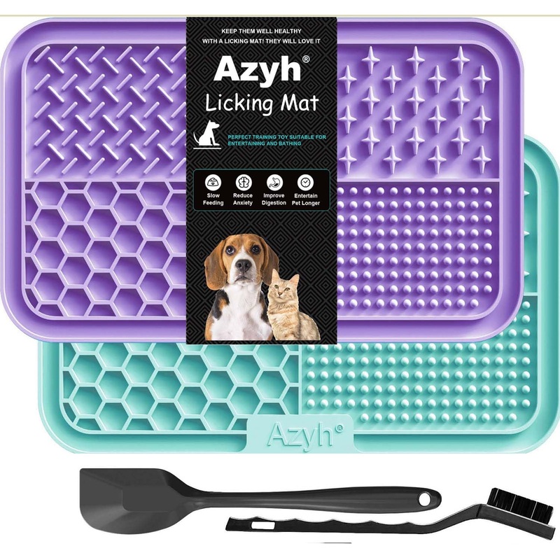 Licking Mat for Dogs & Cats 2 Pack, Slow Feeder Lick Pat for Large Dogs and Puppies, Anxiety Relief Dog Toys Feeding Mat for Butter Yogurt Peanut, Pets Bathing Grooming Training Mat (9.9”  6”) Cyan&Purple