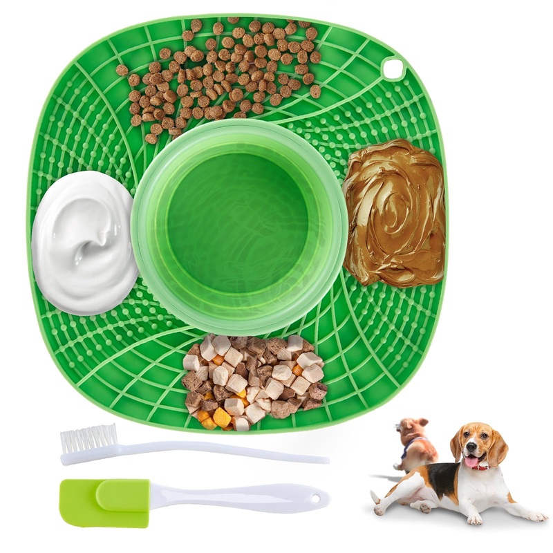 Licking Mat Slow Feeder for Dogs and Cats, Premium 3 in 1 Lick Pad & Foldable Water Bowl w/Suction Cups for Dog Anxiety Relief,Slow Feeder Dog Healthy Eating Bowl, Bathing, Grooming, Training (Green) Green