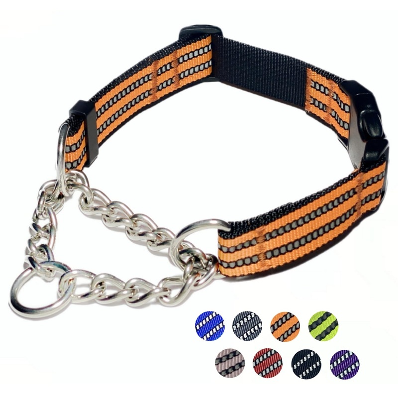 Martingale Dog Collars, Reflective Nylon Collar with Stainless Steel Chain, Adjustable Walking Training Dog Collars with Quick Release Buckle, Suitable for Small Medium Large Dogs(Orange,XL) Extra Large-(dog’s neck 20~25.5inches) Orange