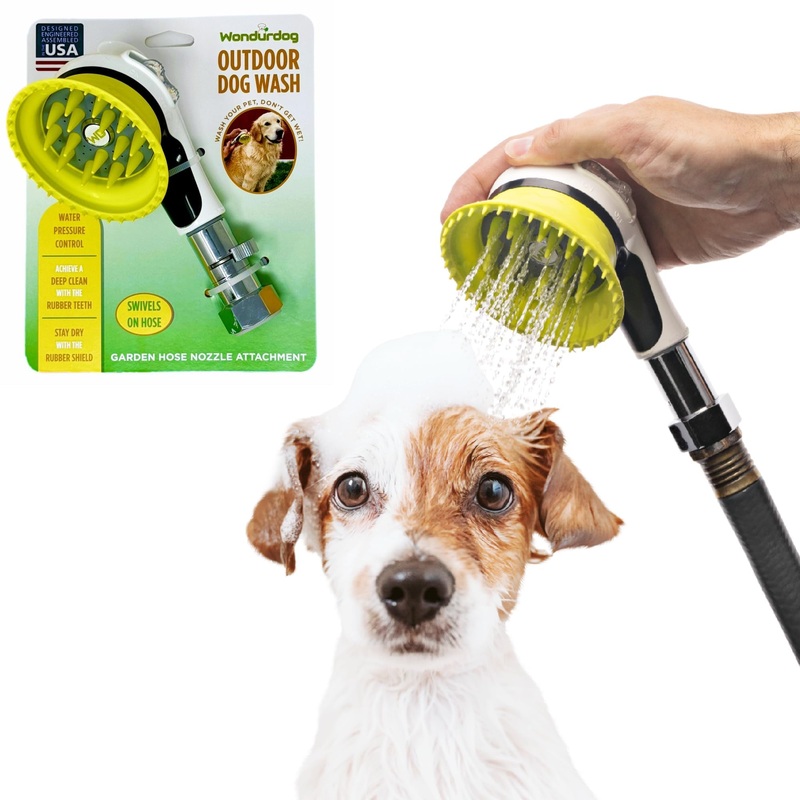 Outdoor Dog Wash Garden Hose Nozzle for Bathing and Quick Paw Rinses. Splash Shield Handle and Rubber Grooming Brush. Metal Connection. Swivels on Hose with Water Pressure Control. White