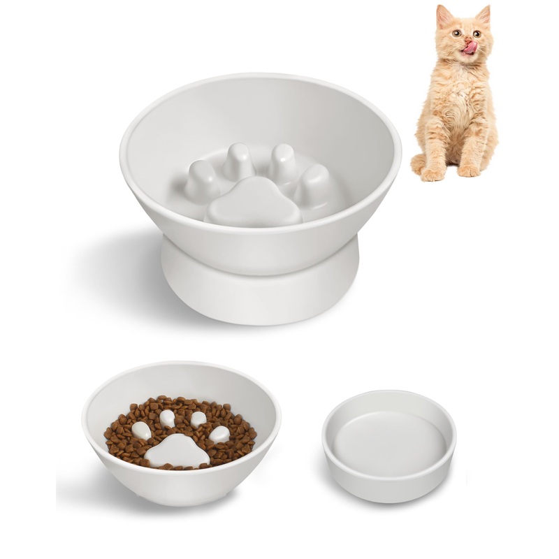 Slow Feeder Cat Bowls, Elevated Cat Bowl 2 in 1 Detachable Prevents Cats Overeating, Elevated Slow Feeder Cat Bowls Protect Cervical Spine for Cats 5.5”, Bamboo Fibers BPA-Free 5.5in