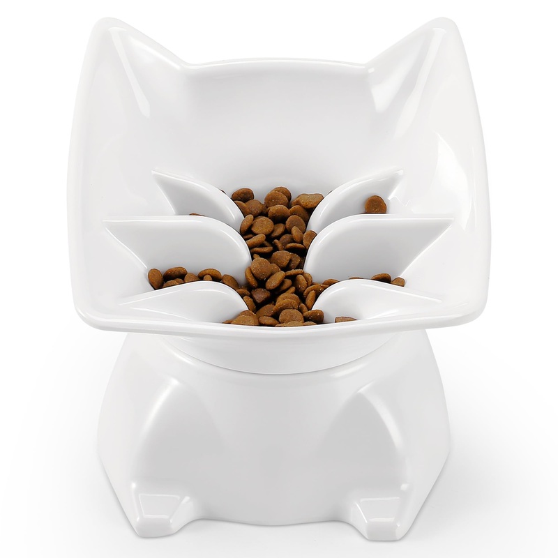 Small Elevated Slow Feeder Cat Bowl, Cute Tilted Elevated Bowls and Dishes for Cats & Small Dogs, Whisker Friendly, Anti Vomiting Raised Pet Bowl for Dry and Wet Food, White