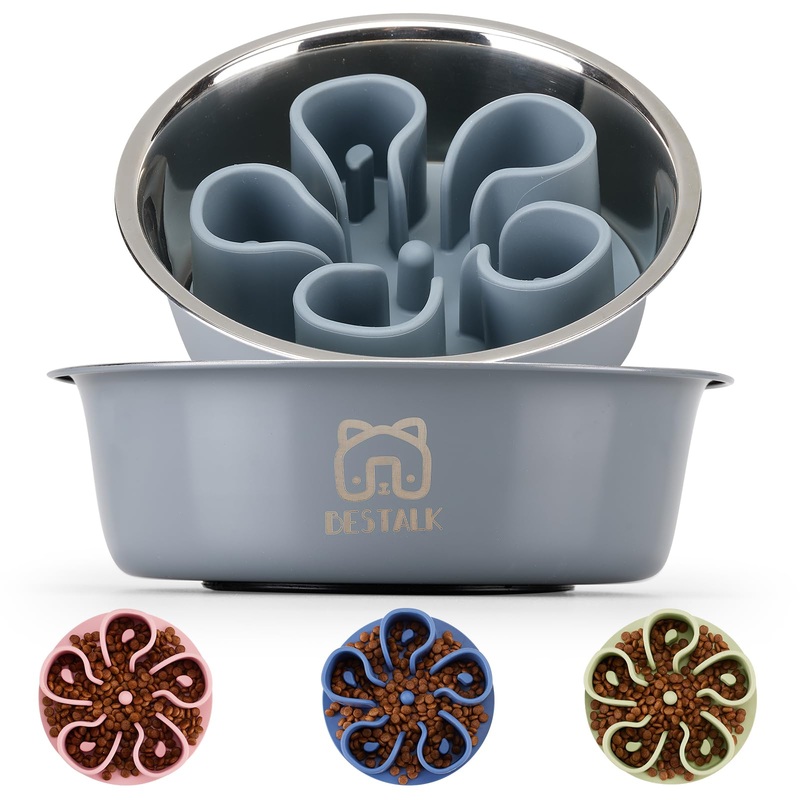 Stainless Steel Slow Feeder Dog Bowl, Bestalk 2-in-1 Metal Dog Bowls with Silicone Slow Feeder Insert for Small, Medium, Large Dogs(Grey, 1 Cup)