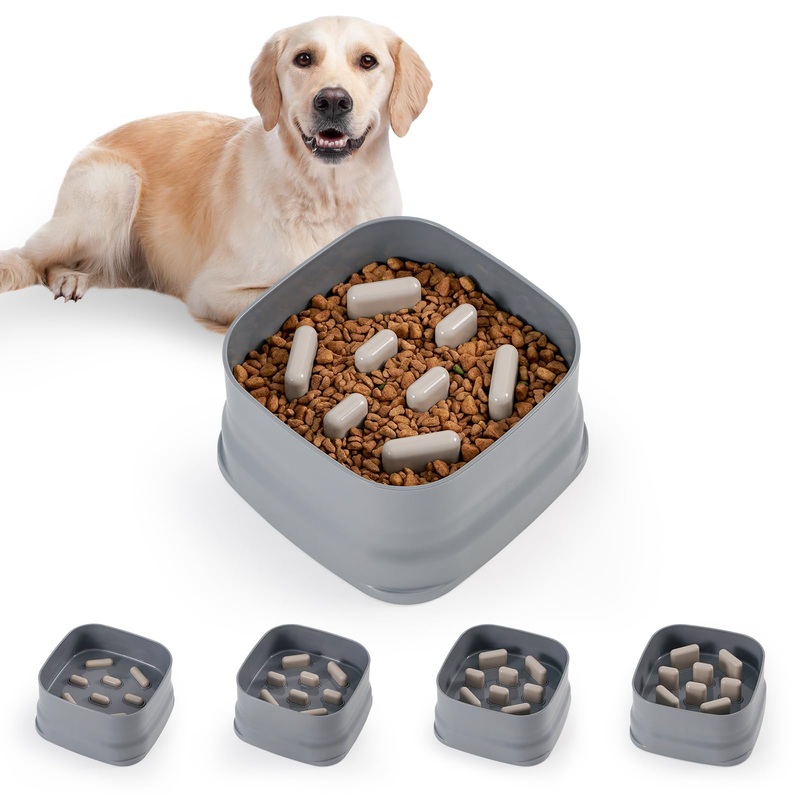 Sunhoo Slow Feeder Dog Bowls Large Breed Puppy Puzzle Feeding Dish Maze Feed Bowl Small Medium Dogs Plate Adjustable Ridges to Slower Down Eating Anti-slip Easy to Clean Indoor Use 7.5*7.5*4 in(Grey) Grey