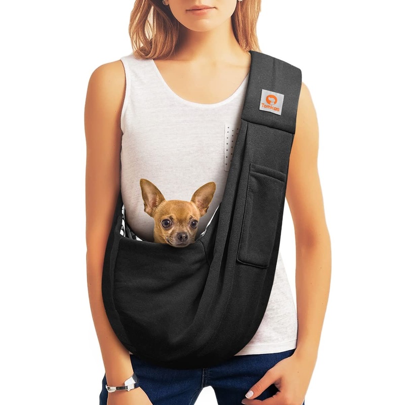 Tomkas Small Dog Sling Carrier – Classic Strap & Classic Pocket – for 2-7 lbs Pets(Black)