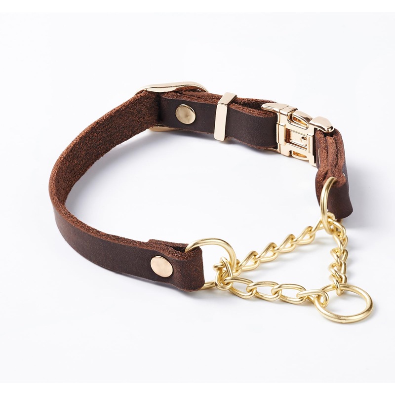 Upgrade Martingale Leather Dog Collar, Limited Cinch Training Collar with Heavy Duty Quick Release Buckle, Adjustable Training No Slip Dog Collar with Rustproof Brass Chain, for Small Dogs