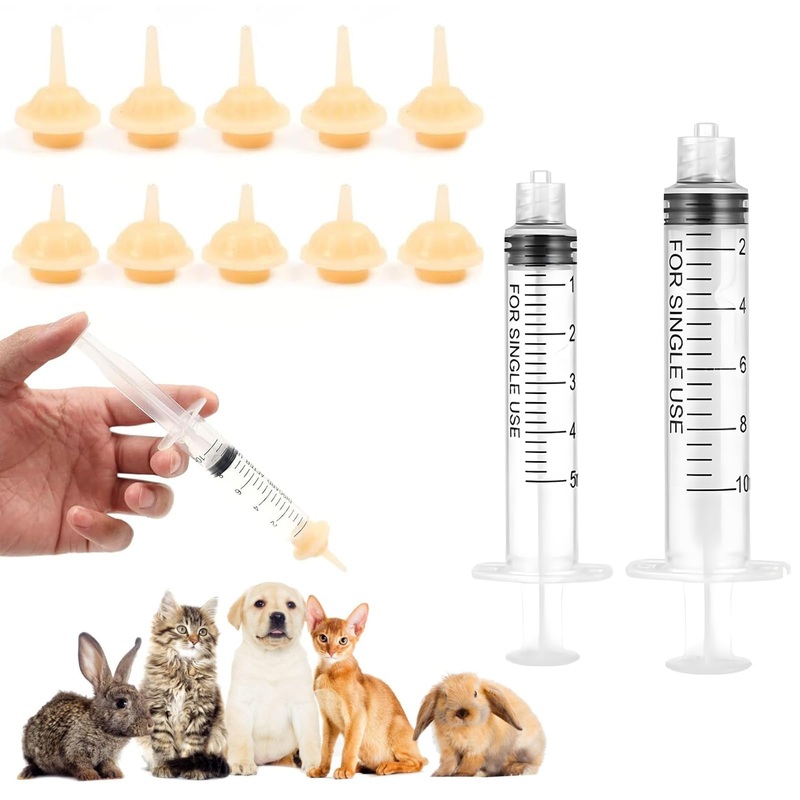 10 Pcs Kitten Feeding Nipples and Nursing Syringe,Pet Nursing Nipples with Syringes,Nipples for Puppies Nipple for Kittens,Reusable for Newborn Kittens, Puppies, Rabbits,Small Animals