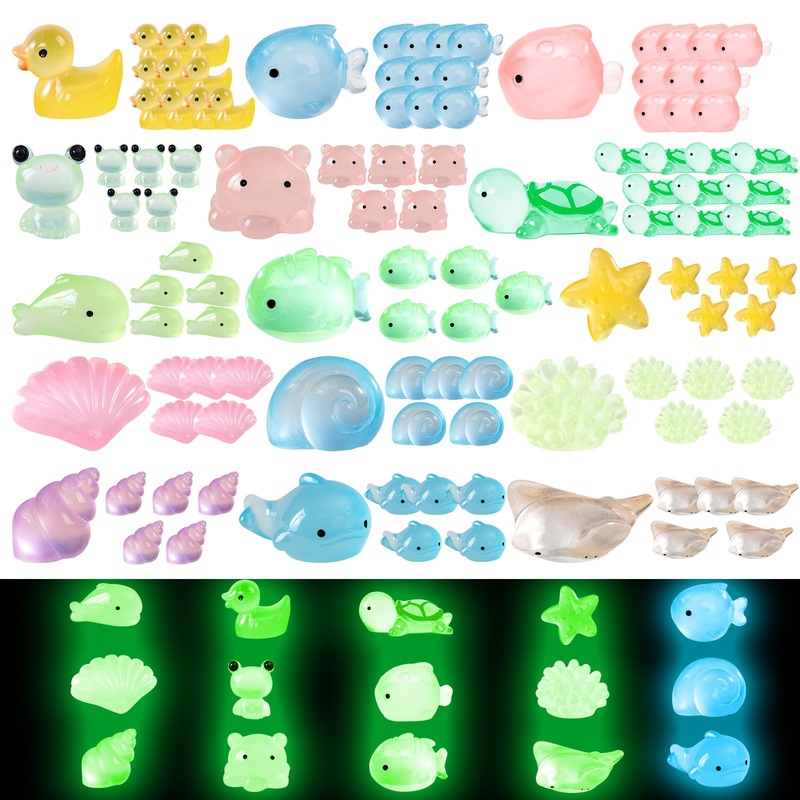 100 Pcs Luminous Mini Resin 15 Styles Tiny Animals Sea Animals Figurines Glow in The Dark Miniature Animals for DIY Fish Tank Potted Micro Dollhouse Landscape Aquarium Decorations