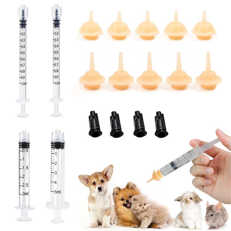 18PCS Kitten Feeding Nipples and Nursing Syringe, 10PCS Miracle Nipple for Kittens with 4 Pcs O-Ring Syringe (1 3 5cc), Reusable Newborn Pet Supplies for Kittens/Small Breed Puppies/Squirrels.