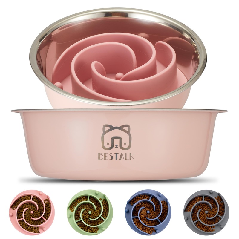 2-in-1 Metal Slow Feeder Dog Bowl, Bestalk Stainless Steel Dog Bowls with Silicone Slow Feeder Insert, Food Grade 304 Water Food Bowl with Anti-Slip Base for Small, Medium, Large Dogs 5 CUPS Pink