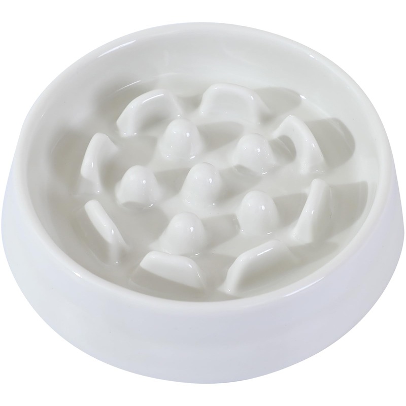 Ceramic Cat Slow Feeder Bowl,Higher Edges Non-Spill Slow Eating Cat Food Bowl Puzzle Feeder Feeding Dish for Kitten Puppy Healthy Eating Diet,Suitable for Dry and Wet Food White