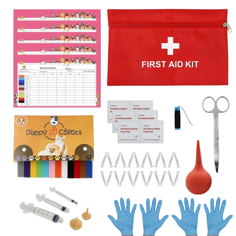 Complete Dog Whelping Kit with Feeding Nipple, Record Keeping Charts, ID Collars, Aspirator, Cord Clamps & More – Essential for Newborn Puppies (Red no pad) Red no pad