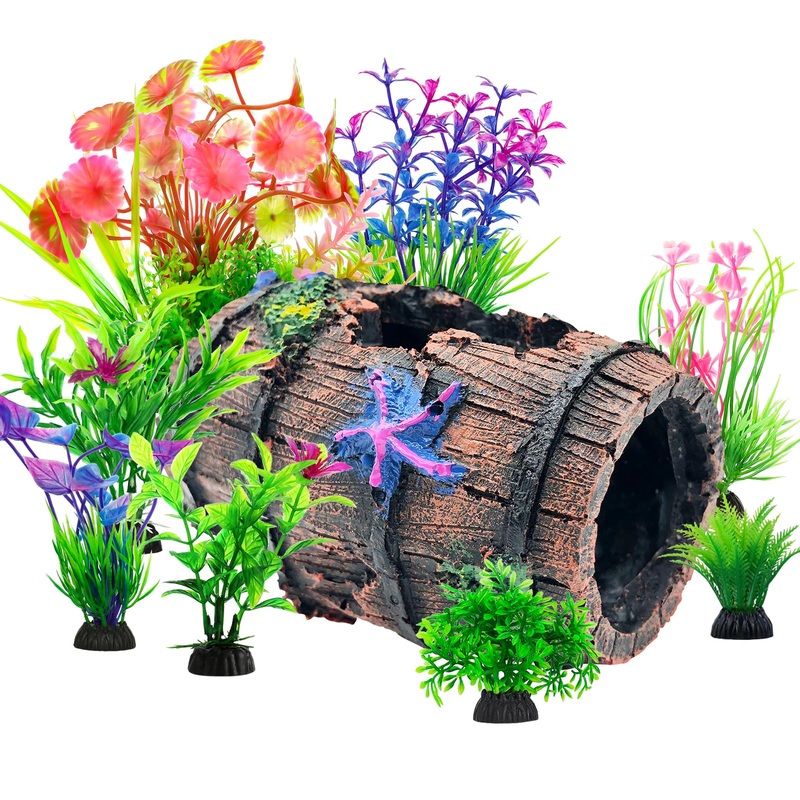 CousDUoBe Fish Broken Barrel Decor Fish Tank Decorations Betta Fish Tank Accessories,Starfish Barrel x 1pc, Fish Tank Plants x 8pcs