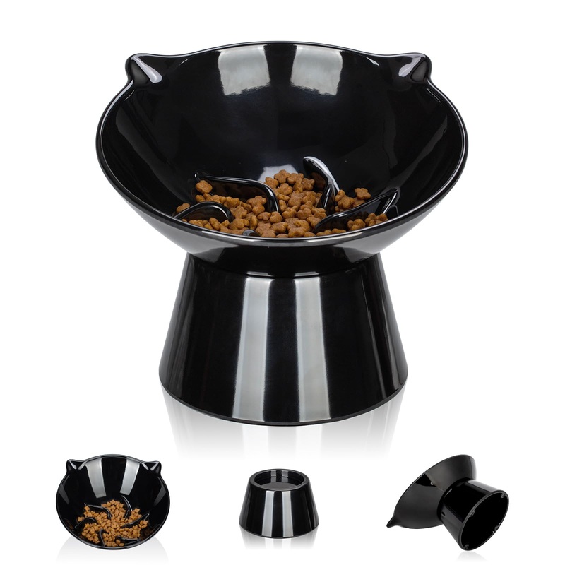 Detachable Elevated Slow Feeder Cat Bowl,7 Inch Large Extra Wide Cat Slow Feeder Bowl,Tilted Raised Cat Bowl Slow Feeder,Whisker Fatigue,Anti-Vomiting Adjustable Cat Food Bowl for Cats,Small Dogs Black