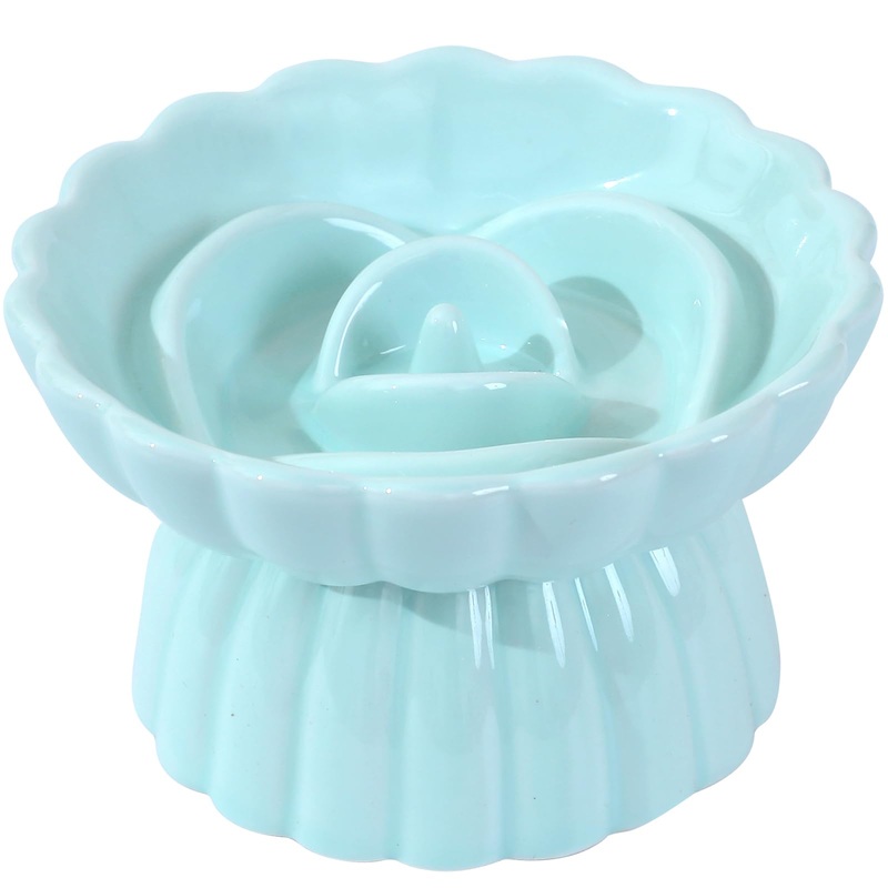 Elevated Ceramic Slow Feed Dish for Cats and Small Dogs, Flower Pool Design Pet Slow Feeder with Higher Edges,Raised Pet Bowl for Dry & Wet Food (Green) Green