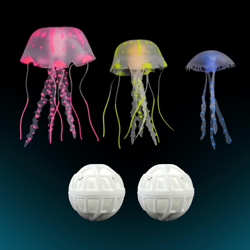 Floating Jellyfish Aquarium Decoration for Fish and Turtle Tanks with Nitrifying Balls set, Silicone Fake Jellyfish for Fish Tank, Fish Tank Floating Decor, Fish Bowl Decor (Whisker Jellyfish) Whisker Jellyfish