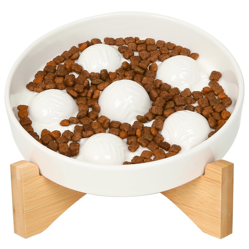 IOKHEIRA Ceramic Raised Cat Bowls, Elevated Slow Feeder Cat Bowl, Kitten Puzzle Feeder for Old Cat/Big Cat, Cat Bowls with Stand, Easy to Clean