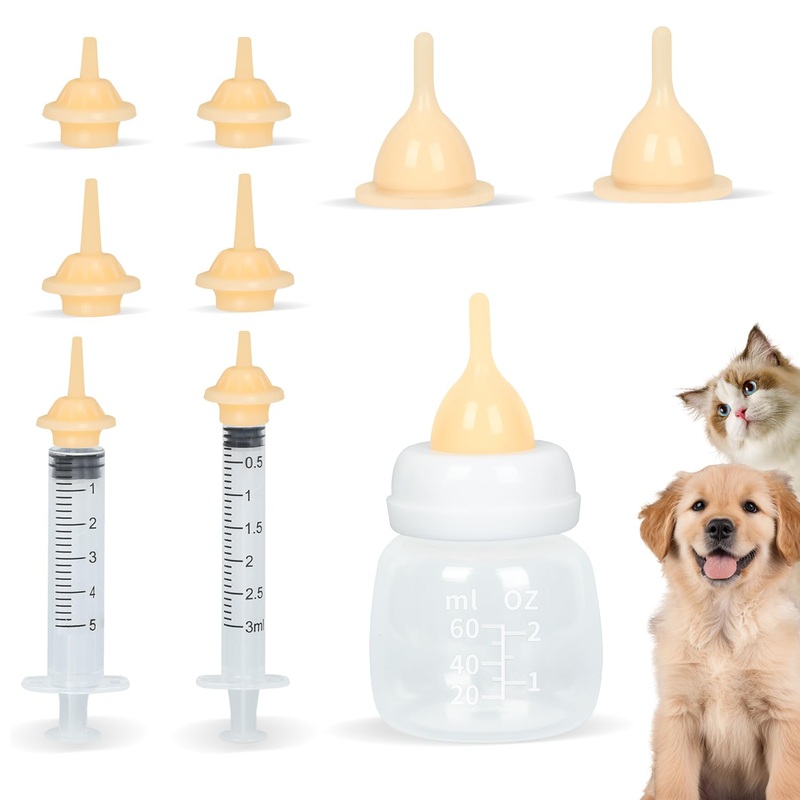 Kitten and Puppy Bottle Feeding Kit,Reusable Silicone Nipple,Suitable for Kittens Puppies Rabbits Squirrels,(60mL Nursing Bottles for Newborn)