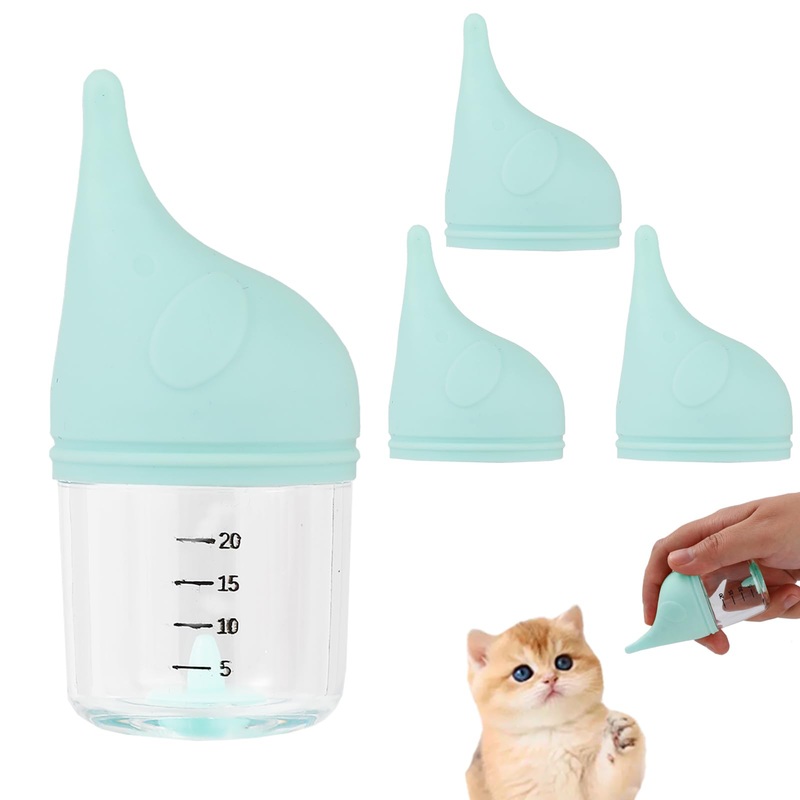 Kitten Bottle Feeding Kit for Nursing, Milk Bottles for Feeding Newborn Puppies,Anti-chocking Design with 3pcs Replaceable Nipples, Cute Elephant Shape for Nursing Small Animals Pets (Blue, 20ML) Blue