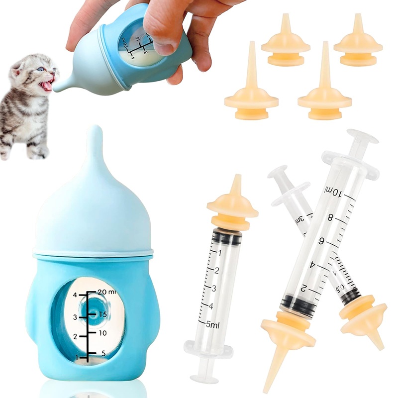 Kitten Bottle Feeding Kit Puppy Bottles for Nursing, Anti-Choking Pet Feeding Bottle and Syrings, Nipple for Kittens Newborn Kitten Puppy Small Animals Supplies(Blue, 20ml) Blue
