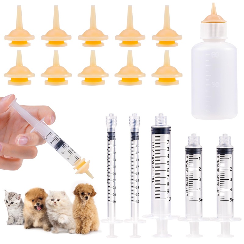 Kitten Bottle Feeding Kit, Silicone Kitten Nipples and Syringes for Newborn Kittens, Puppies, Pets, Wildlife, Rabbits, Squirrel,Small Animals (1 Bottle+10 Nipples+5 Syringes) 5 Small+5 Medium