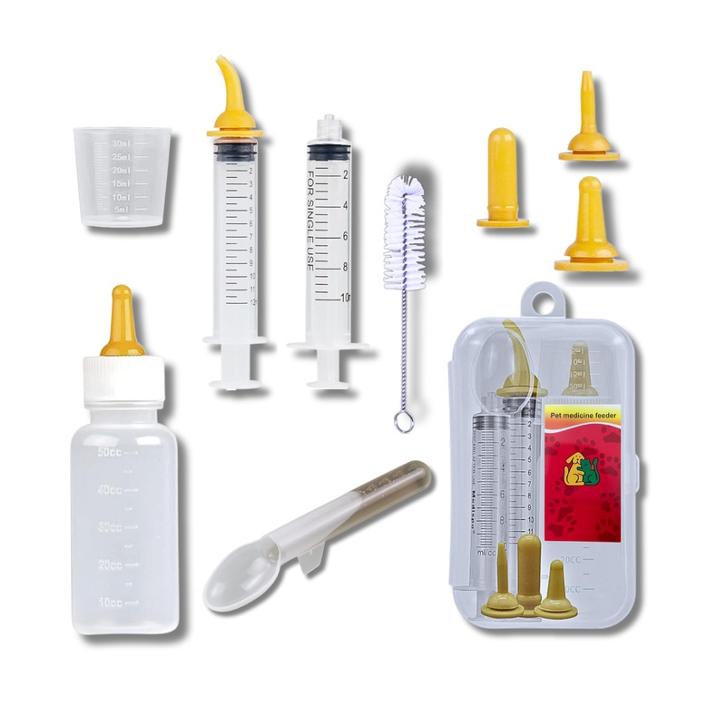 Kitten Nipples for Nursing, Kitten and Puppy Care Kit  50ml Bottle, 5 Food Grade Silicone Nipples, 2 Syringes 10ml – 12ml, Cleaning Brush, Comes in a Plastic Box  Safe for Newborn Pets. 1