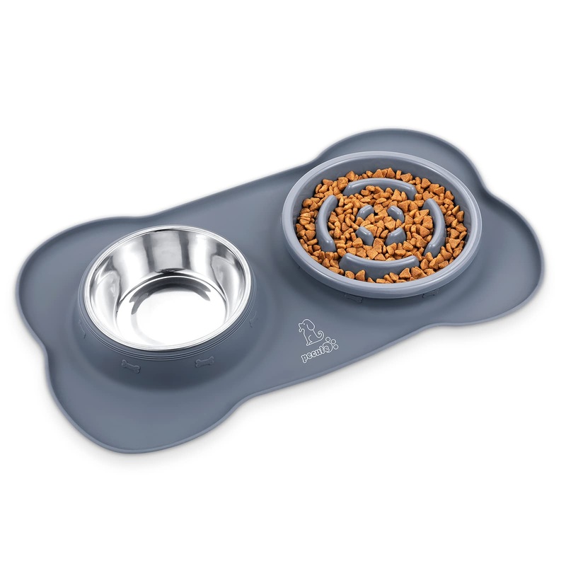 Pecute Slow Feeder Dog Bowls to Slow Down Eating, Dog Bowl Slow Feeder with No-Spill Non-Skid Silicone Mat, Food-Grade Safe Dog Food Bowls Slow Feeder, Stainless Steel Dog Water Bowl for Dogs Cats Medium-1 Cup/13.5 oz each Grey