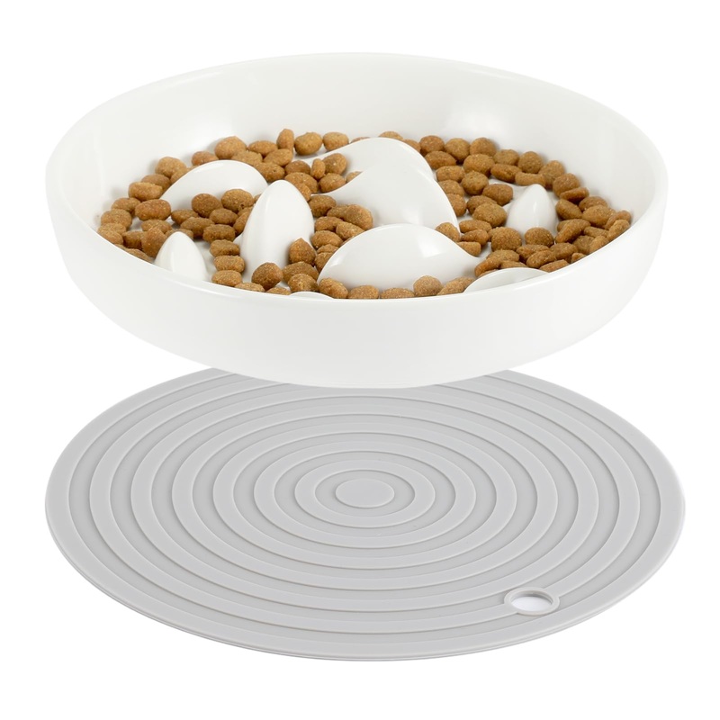 PETTOM Ceramic Slow Feeder Bowl for Cats and Dogs, Non-Toxic, Raised Edges, Non-Slip Mat, Easy to Clean White