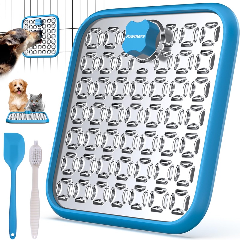 Stainless Steel Large Lick Mat: Dog Lick Mats for Large Dogs, Cat Licking Pads for Crate Boredom & Anxiety Reduce, Slow Feeding, Cat Slow Feeder Mat with a Spatula, Scrubbing Brush, Blue