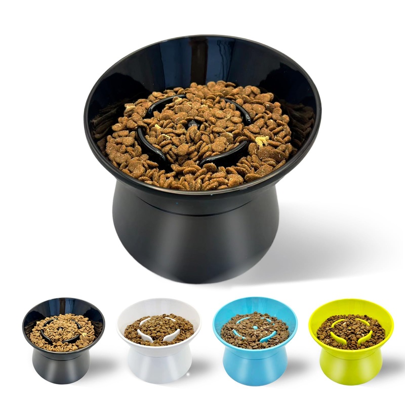 Tilted Raised Slow Feeder Bowl for Cats and Small & Medium Dogs, Raised Design Improves Posture, Spiral Inner Shape Prevents Fast Eating, Dishwasher Safe, 10 oz (Black, L-Cats) Black