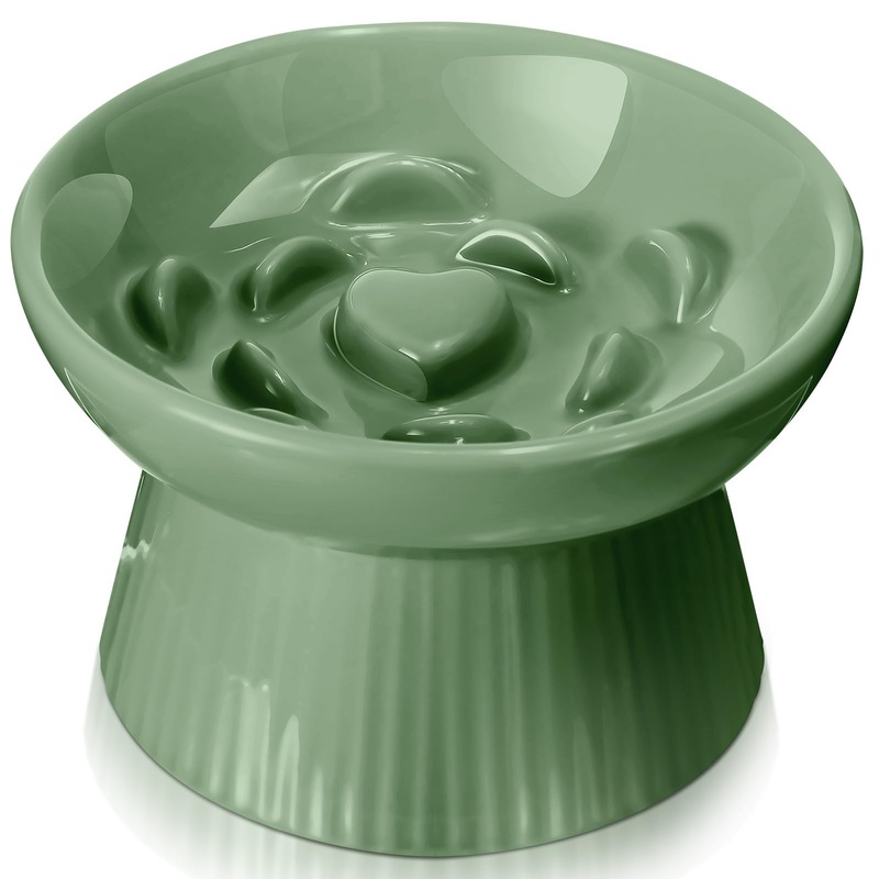Tioncy Ceramic Slow Feeder Raised Cat Bowl Elevated Cat Bowls Anti Vomit Dry Wet Food and Water Bowl Easy to Clean Pet Bowls High Edge for Cats Small Dogs, Kitten Home, Dishwasher Safe(Sage Green) Sage Green