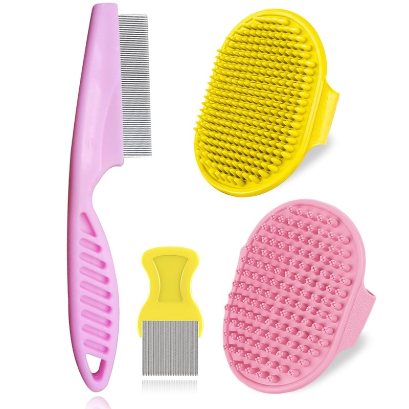4Pack Pet Grooming Brush Kit, Aoche Dog Bath Brush Flea Comb for Dogs Pet Shampoo Brush Soothing Massage Rubber Comb Flea Lice Comb Cat Tear Stain Comb Dog Brush for Shedding Pink+Yellow