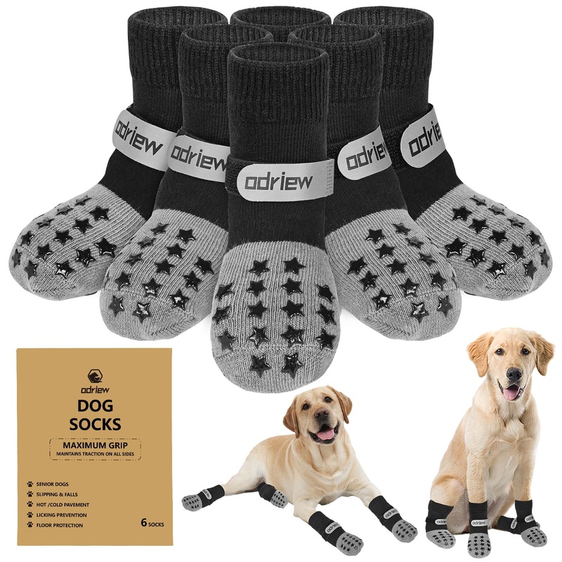 6 PCS Dog Socks to Prevent Licking Paws, Double-Sided Non-Slip Dog Socks for Hardwood Floors Anti Slip Paw Protector with Elastic Reflective Straps for Medium, Large, Senior Dogs. (Grey, M) Grey